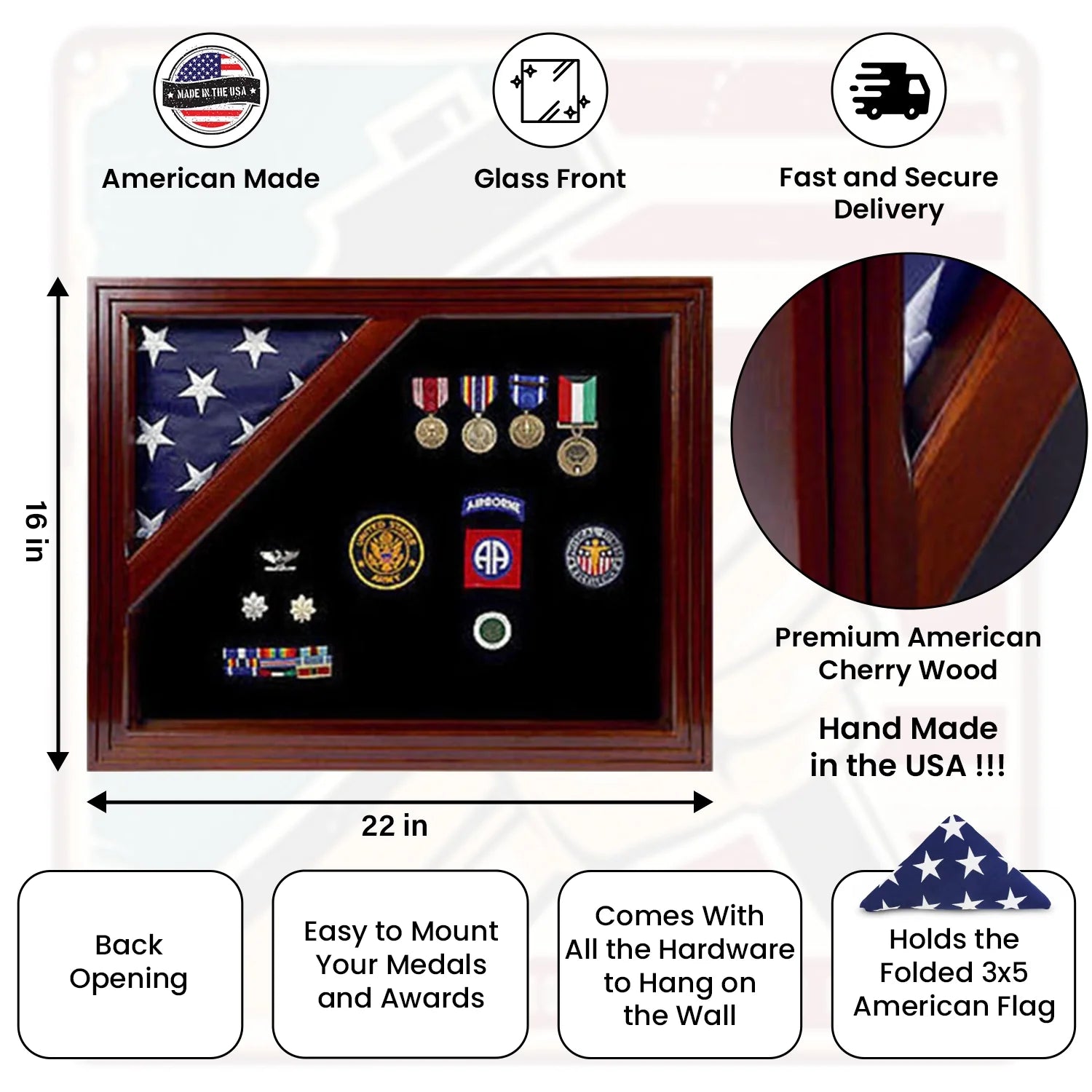 American Corner flag and medal display case, Fit 3 x 5 Flag.