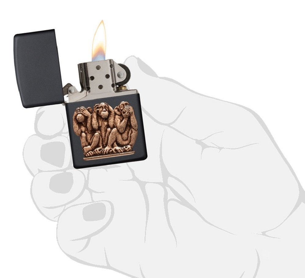 Zippo Three Monkeys Brass Emblem Lighter, Black Matte, See No Evil #29409