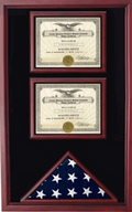 2 Documents Flag Display Cases, military Documents and awards along with an American Flag