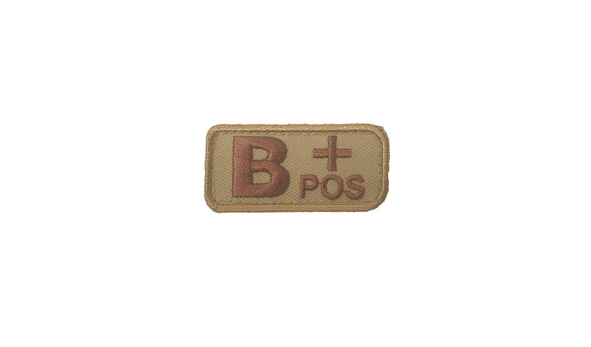 B+ Blood Type Patch Desert  W/ Brown Letters W/ Hook Fastener