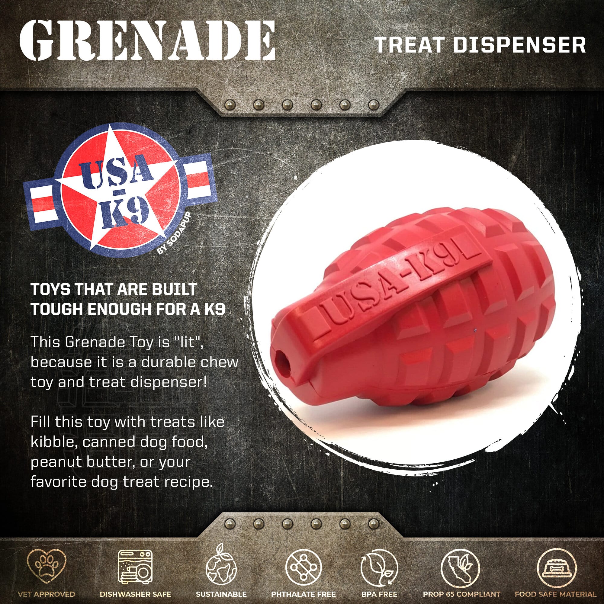 USA-K9 Grenade Rubber Dog Chew Toy | K9 Handler eDispenser Toy | Red & Blue | USA Made