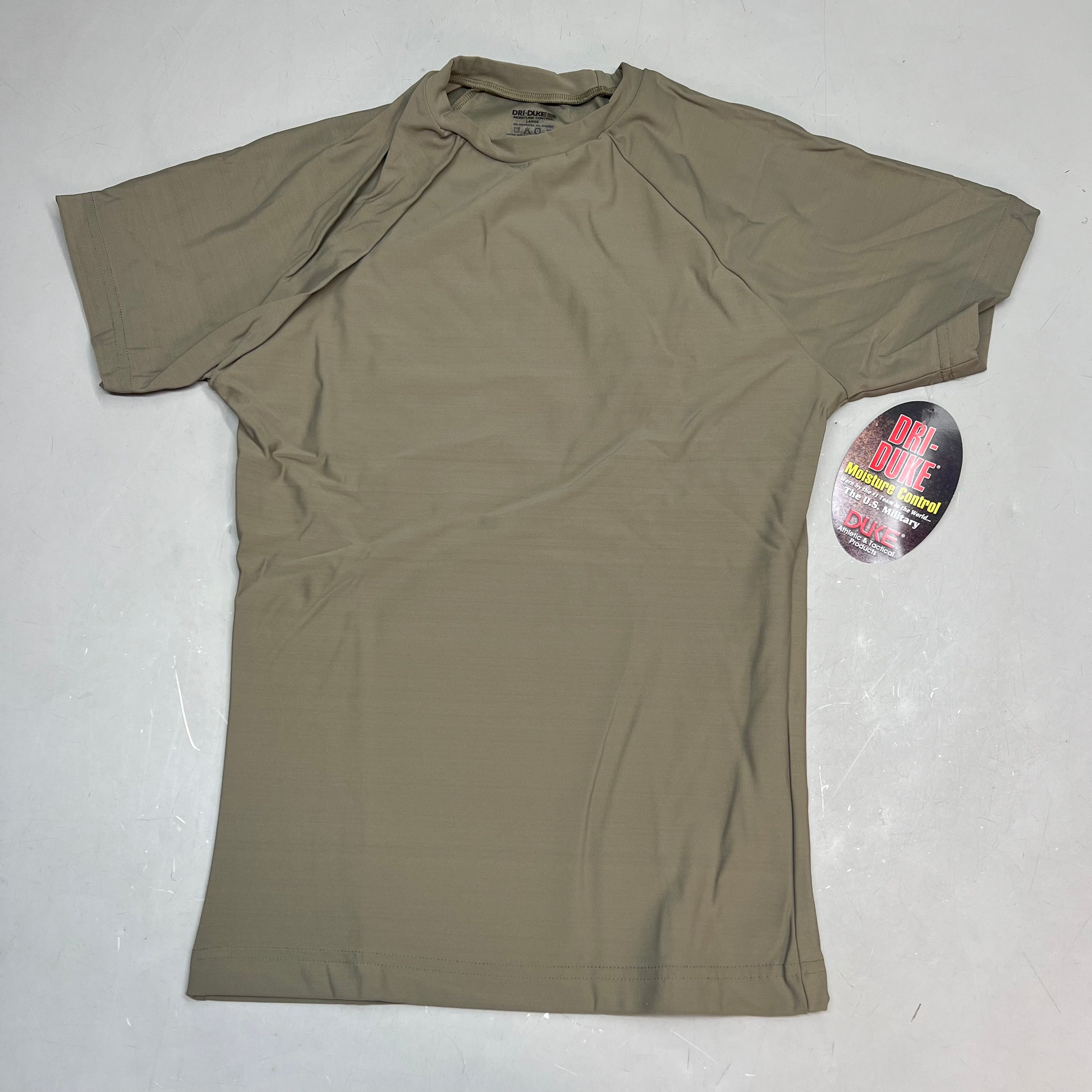 DUKE DRI Nylon/Spandex Tight Fit Military T-Shirt Men's Sz L Coyote Tan T45499BG