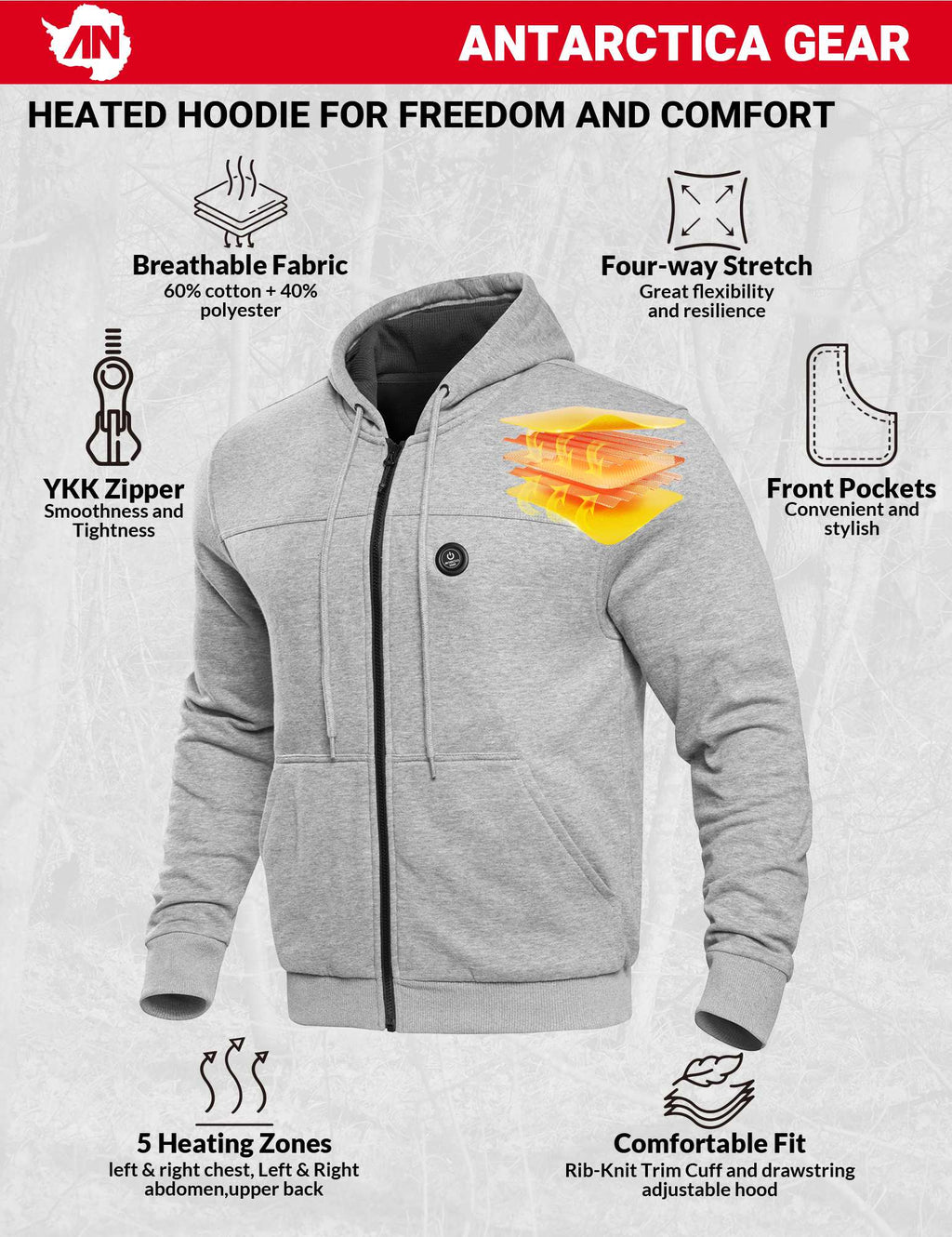 ANTARCTICA GEAR Heated Hoodie Sweater for Men with 12V 20000mAh Battery Pack