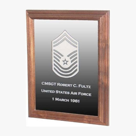 Military Laser Engraved Rank Insignia Mirror Frame - Walnut Material.