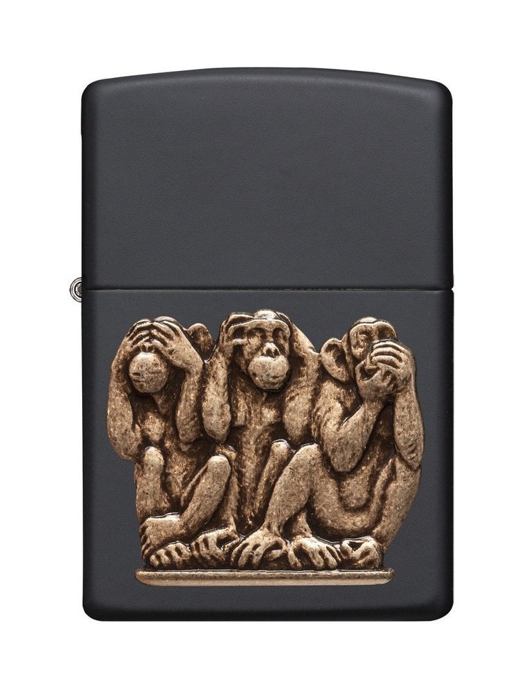 Zippo Three Monkeys Brass Emblem Lighter, Black Matte, See No Evil #29409
