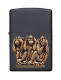 Zippo Three Monkeys Brass Emblem Lighter, Black Matte, See No Evil #29409