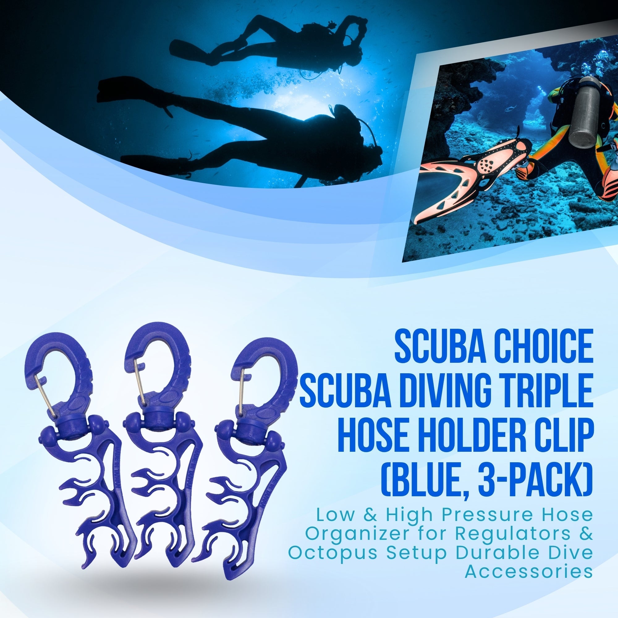Scuba Choice Scuba Diving Triple Hose Holder Clip (Blue, 3-Pack) – Low & High Pressure Hose Organizer for Regulators & Octopus Setup Durable Dive Accessories