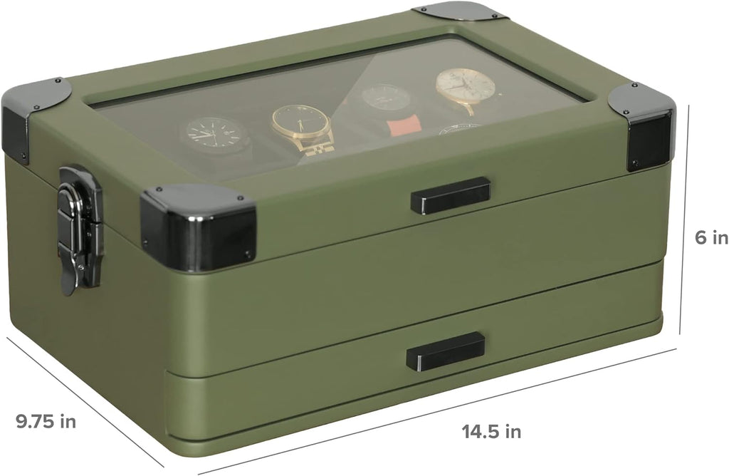 CASE ELEGANCE Military 10-Slot Watch Box with Glass Top