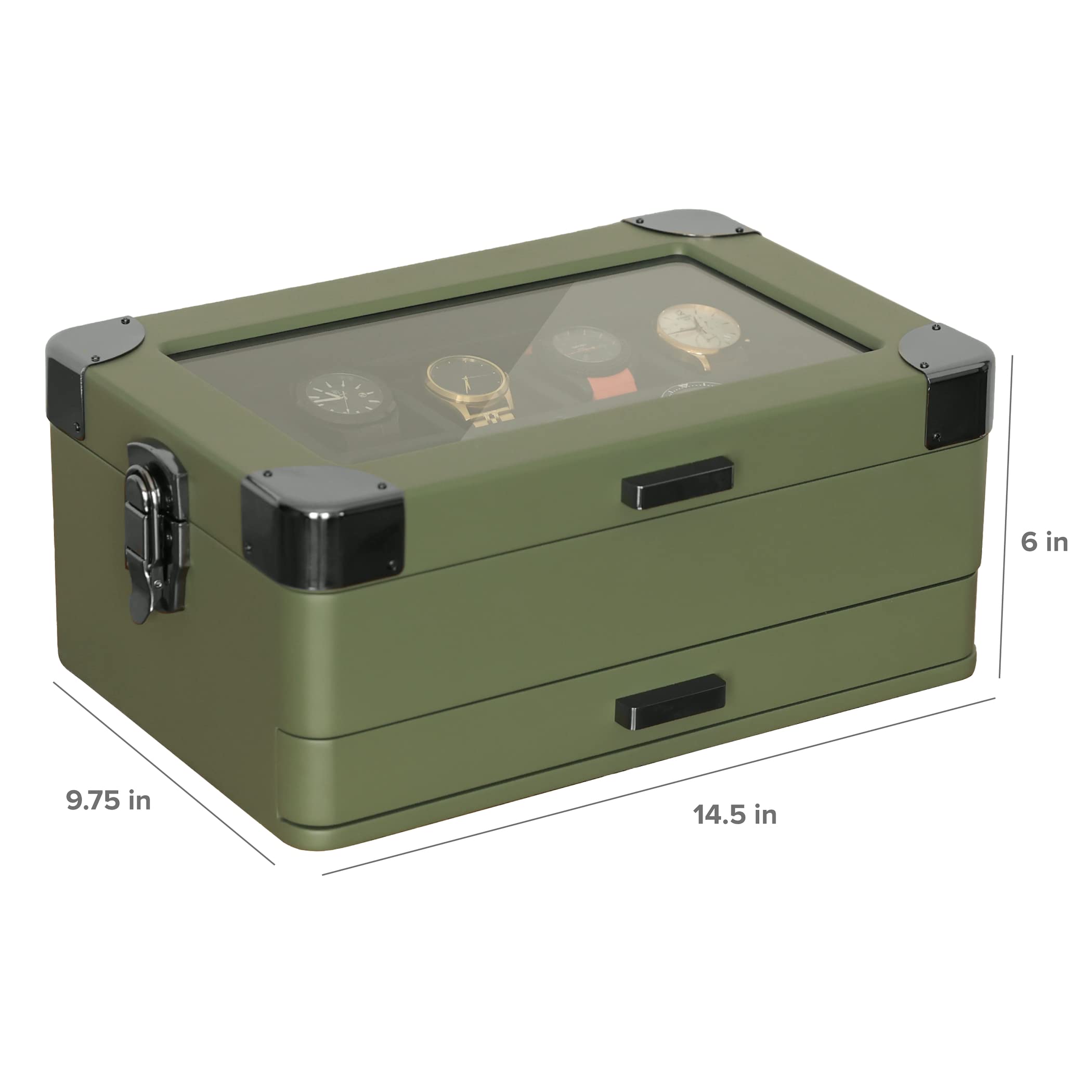 CASE ELEGANCE Military 10-Slot Watch Box with Glass Top