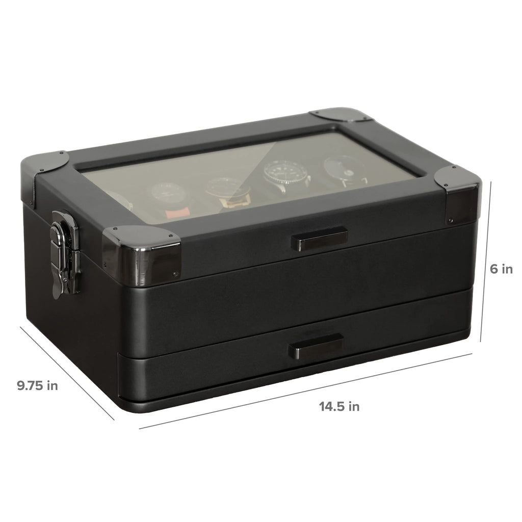 CASE ELEGANCE Military 10-Slot Watch Box with Glass Top