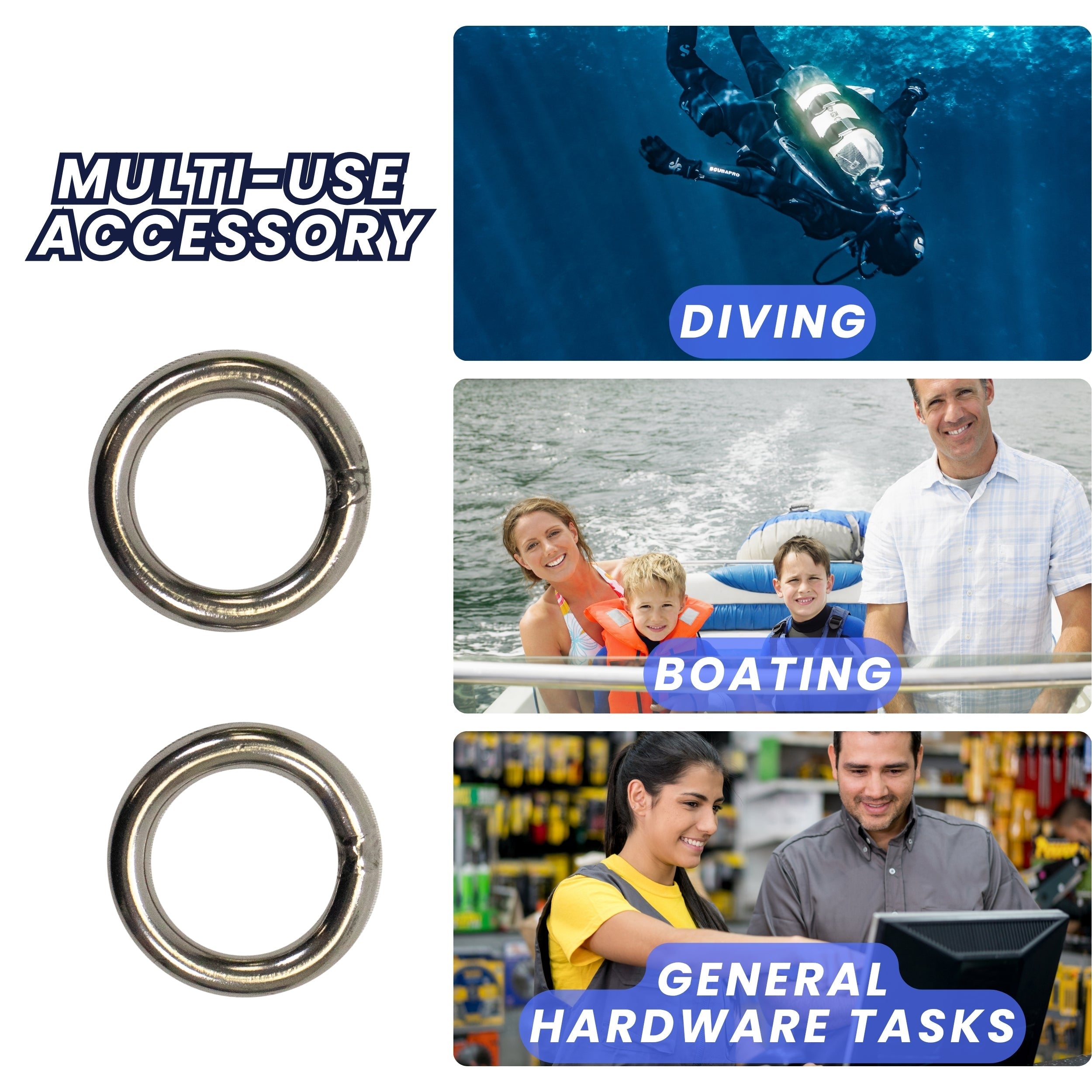 Scuba Choice 316 Stainless Steel Welded Round Ring 6mm x 50mm (1/4" x 2"), 2pc
