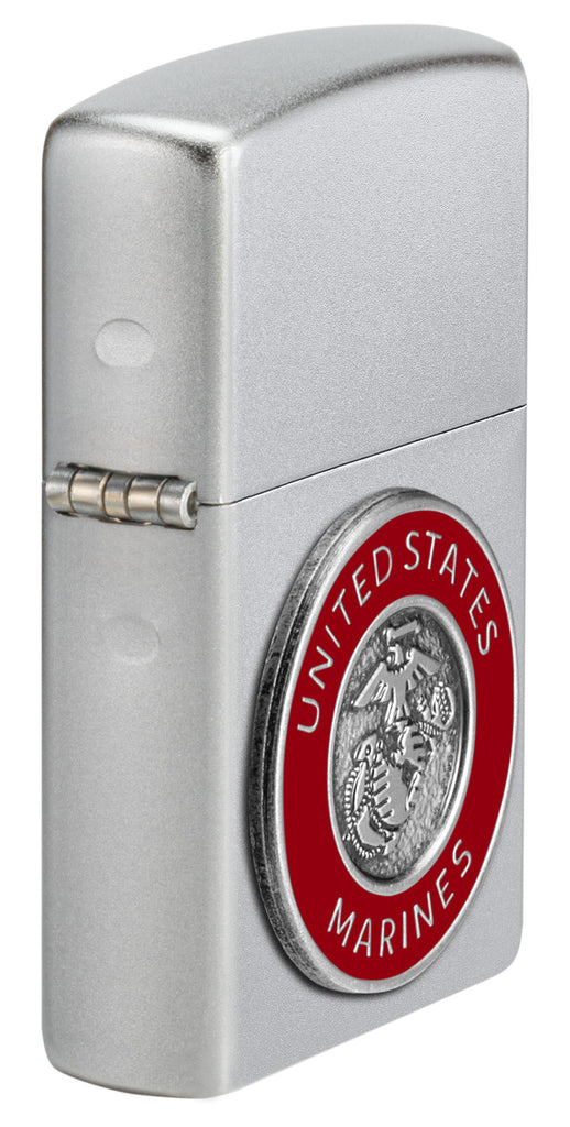 Zippo USMC Satin Chrome Lighter & Brown Leather Pouch Gift Box Set