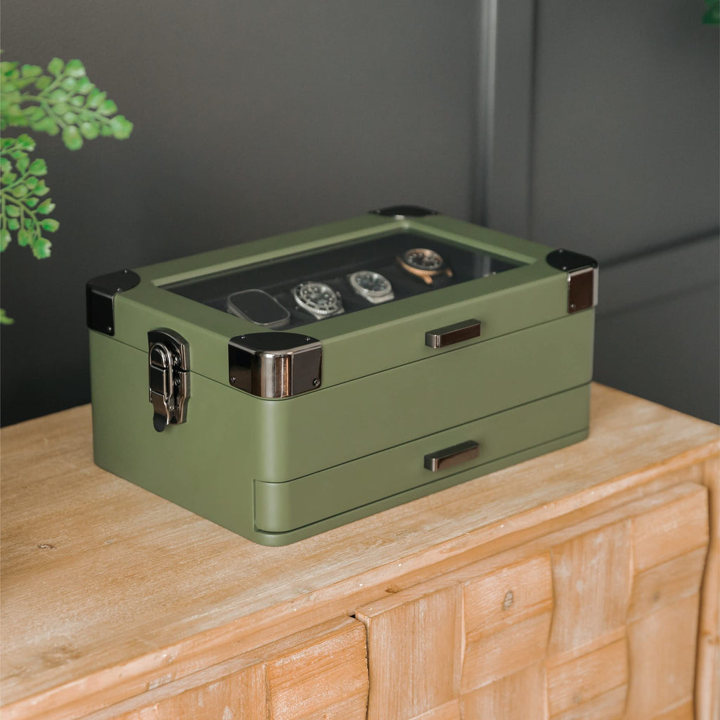 CASE ELEGANCE Military 10-Slot Watch Box with Glass Top