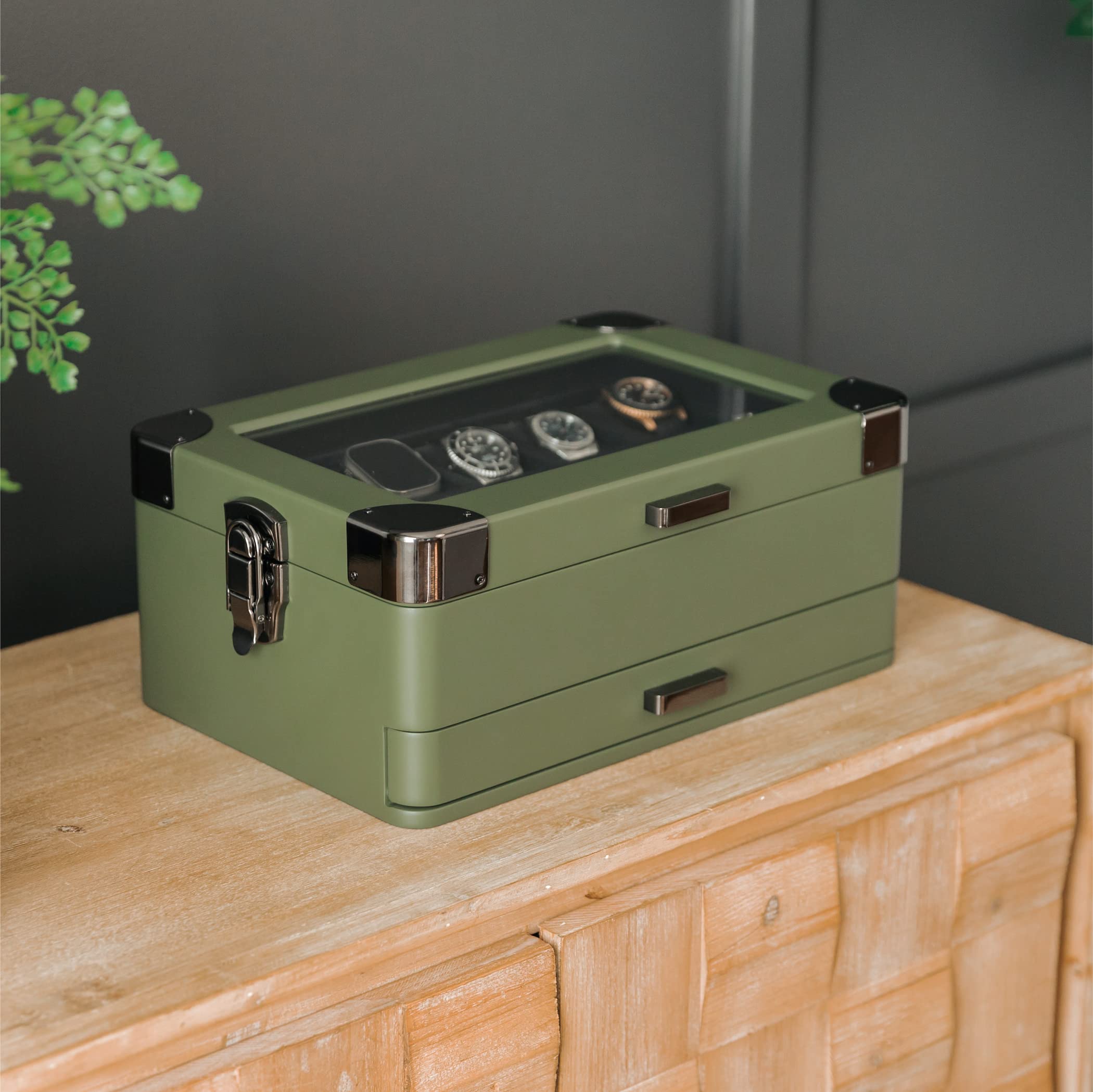 CASE ELEGANCE Military 10-Slot Watch Box with Glass Top