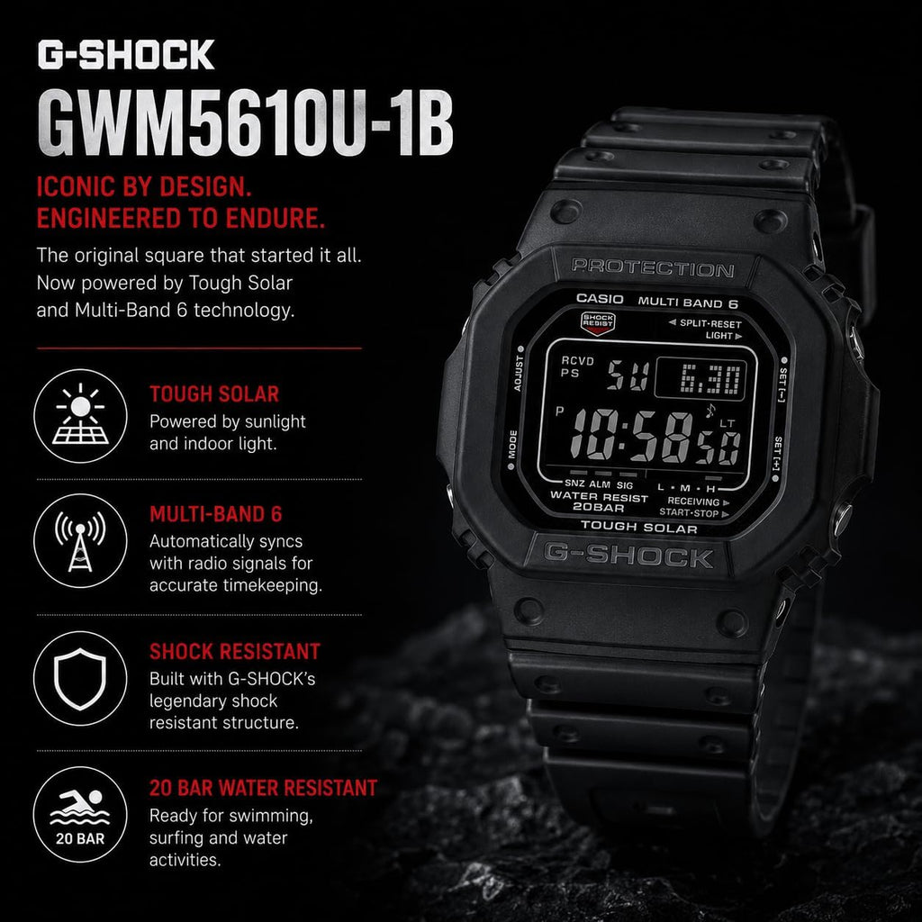 Casio G-Shock GWM5610U-1B Men's Tough Solar Atomic Digital Watch, Multi-Band 6 Radio Controlled, 200M Water Resistant, Shock Resistant, LED Backlight, Black Resin Strap