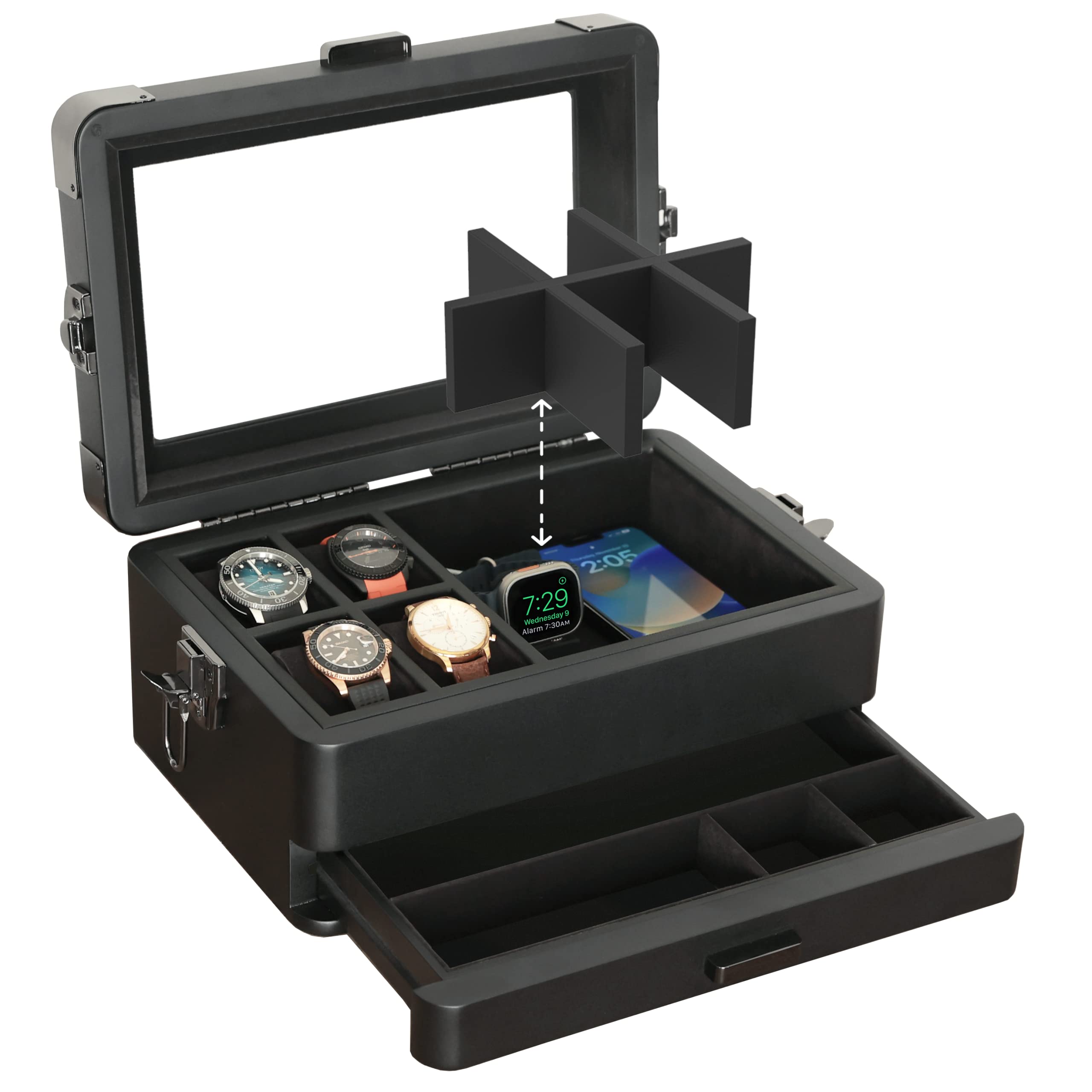 CASE ELEGANCE Military 10-Slot Watch Box with Glass Top