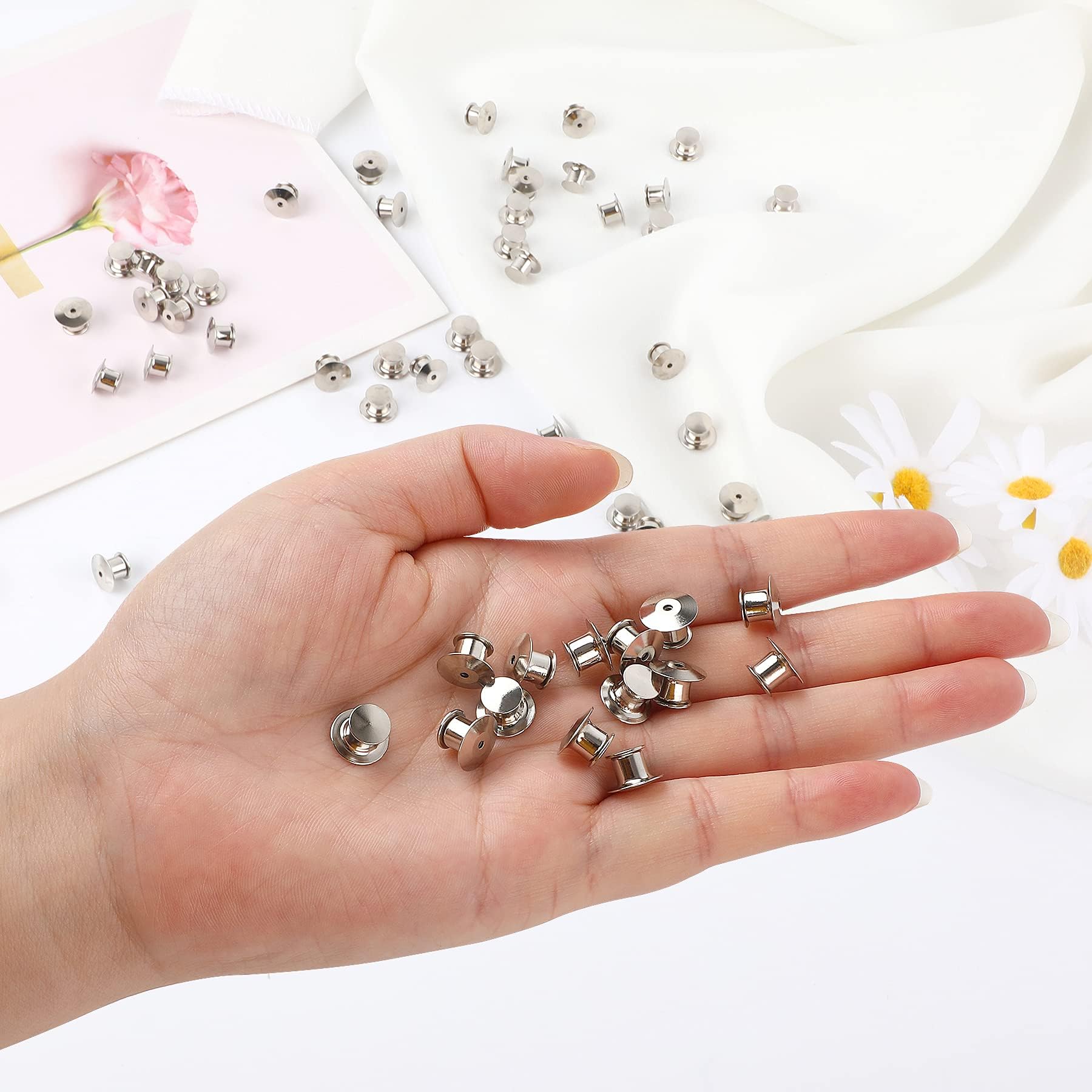 DECYOOL 30 Pieces Metal Pin Backs Locking Pin Keepers Locking Clasp | Nickel Plated Copper,convenient to carry, and blend seamlessly behind any pin,No Tools Required Spring Loaded Lock