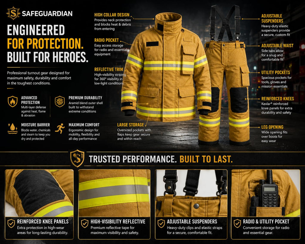 Firefighter Turnout Gear Set, Fire Suit Jacket and Pants with Suspenders Bunker Gear, Khaki or Black Sizes S-5XL