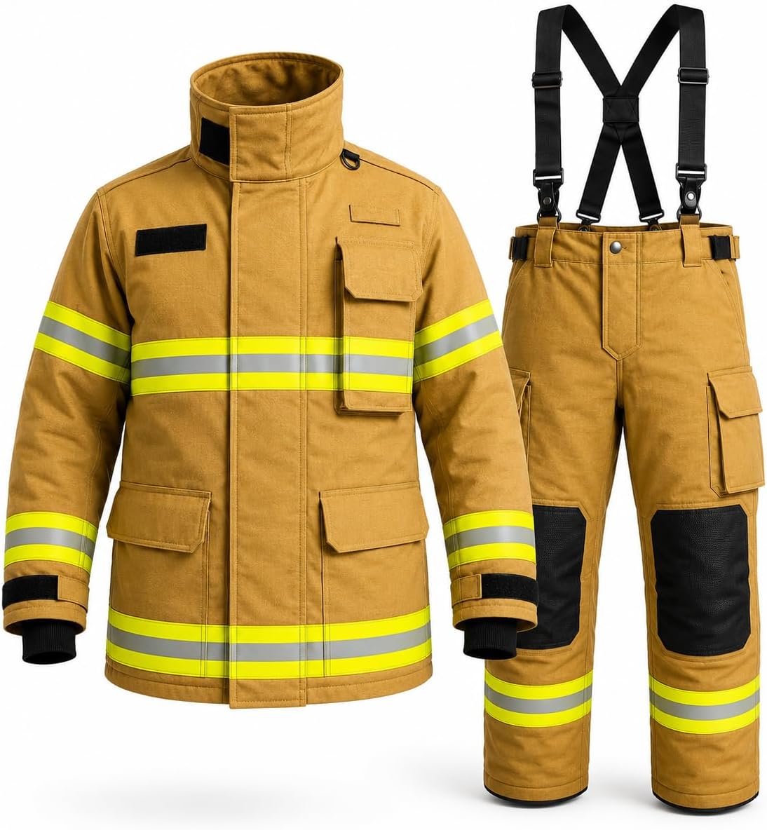 Firefighter Turnout Gear Set, Fire Suit Jacket and Pants with Suspenders Bunker Gear, Khaki or Black Sizes S-5XL