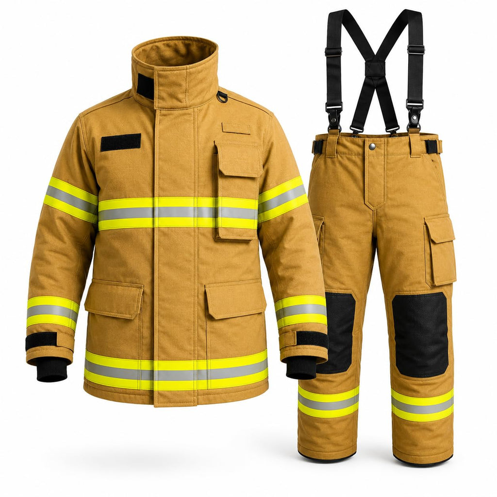 Firefighter Turnout Gear Set, Fire Suit Jacket and Pants with Suspenders Bunker Gear, Khaki or Black Sizes S-5XL
