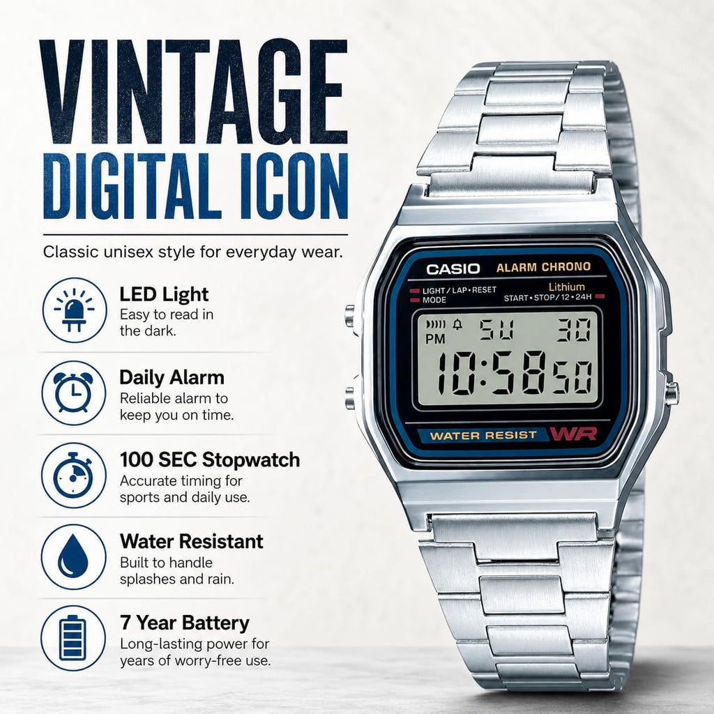 Casio A158WA Series | Unisex Digital Watch | Vintage | WR | 100 SEC Stop Watch | Daily Alarm | Regular Time Keeping: Hour, Minute, Second, PM, Date, Day | Led Light | 7 Yr Battery