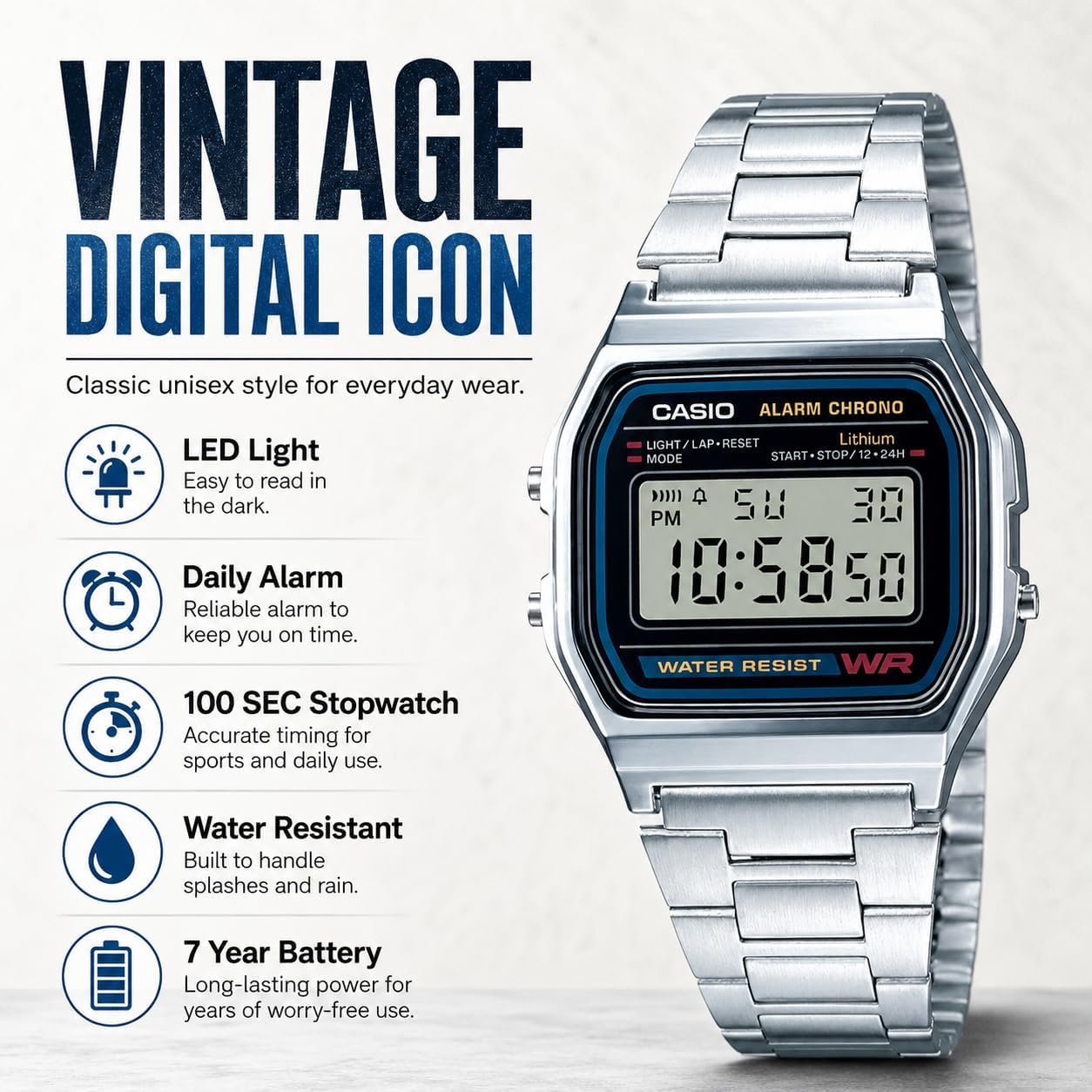 Casio A158WA Series | Unisex Digital Watch | Vintage | WR | 100 SEC Stop Watch | Daily Alarm | Regular Time Keeping: Hour, Minute, Second, PM, Date, Day | Led Light | 7 Yr Battery
