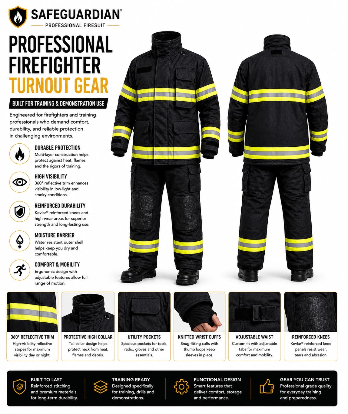 Firefighter Turnout Gear Set, Fire Suit Jacket and Pants with Suspenders Bunker Gear, Khaki or Black Sizes S-5XL