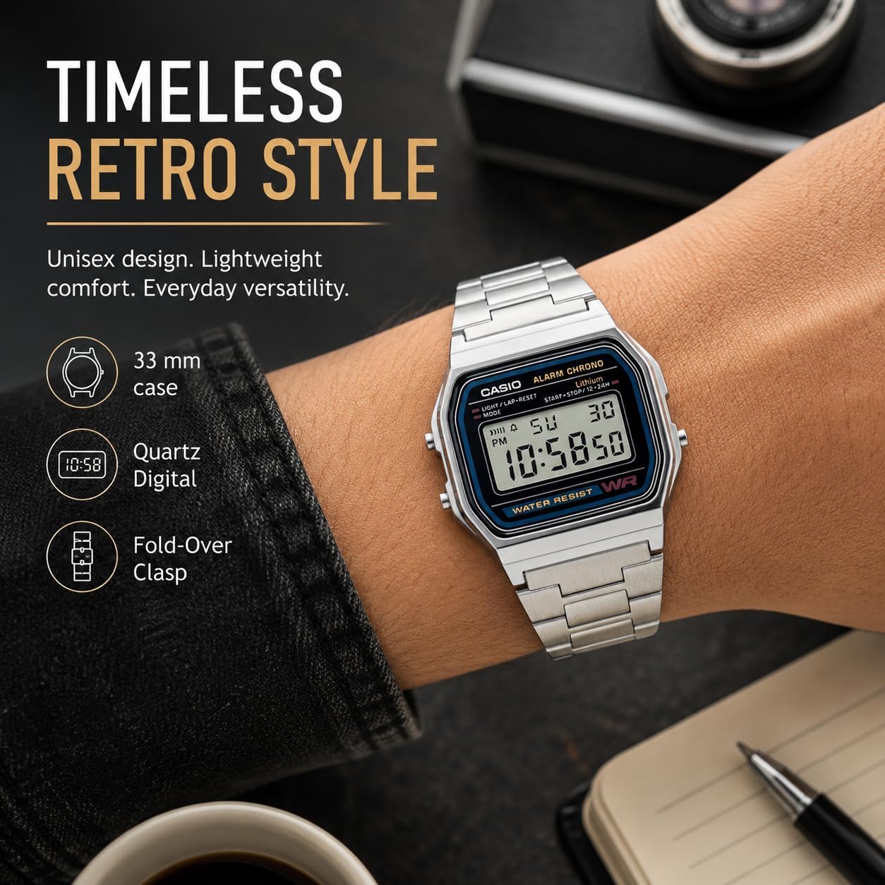 Casio A158WA Series | Unisex Digital Watch | Vintage | WR | 100 SEC Stop Watch | Daily Alarm | Regular Time Keeping: Hour, Minute, Second, PM, Date, Day | Led Light | 7 Yr Battery