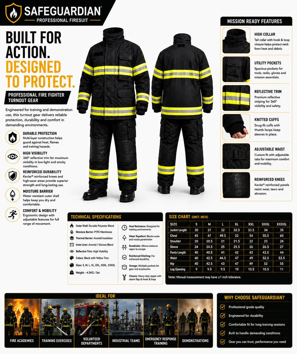 Firefighter Turnout Gear Set, Fire Suit Jacket and Pants with Suspenders Bunker Gear, Khaki or Black Sizes S-5XL
