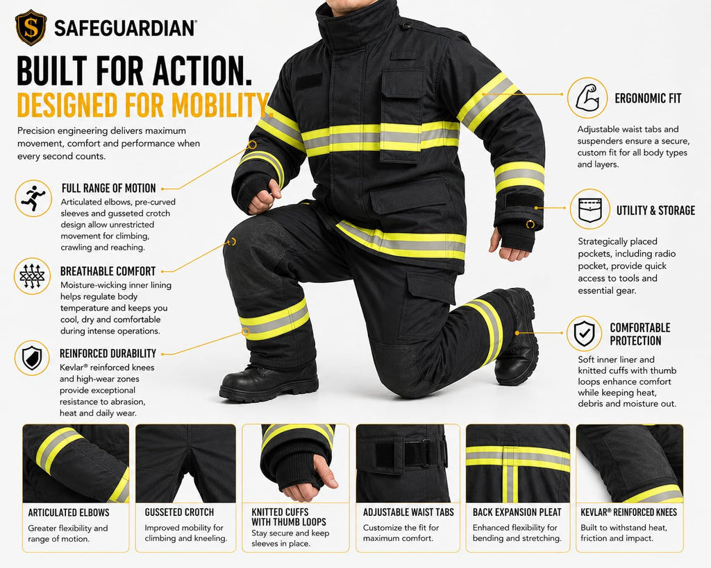 Firefighter Turnout Gear Set, Fire Suit Jacket and Pants with Suspenders Bunker Gear, Khaki or Black Sizes S-5XL