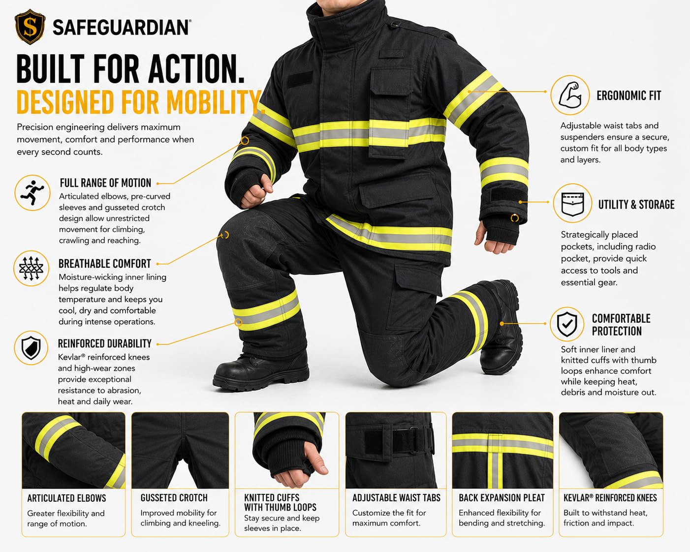 Firefighter Turnout Gear Set, Fire Suit Jacket and Pants with Suspenders Bunker Gear, Khaki or Black Sizes S-5XL