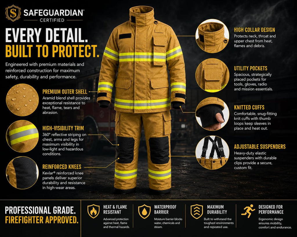 Firefighter Turnout Gear Set, Fire Suit Jacket and Pants with Suspenders Bunker Gear, Khaki or Black Sizes S-5XL