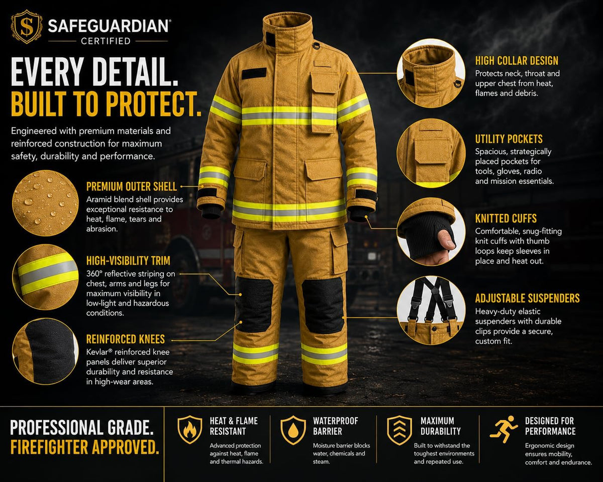 Firefighter Turnout Gear Set, Fire Suit Jacket and Pants with Suspenders Bunker Gear, Khaki or Black Sizes S-5XL