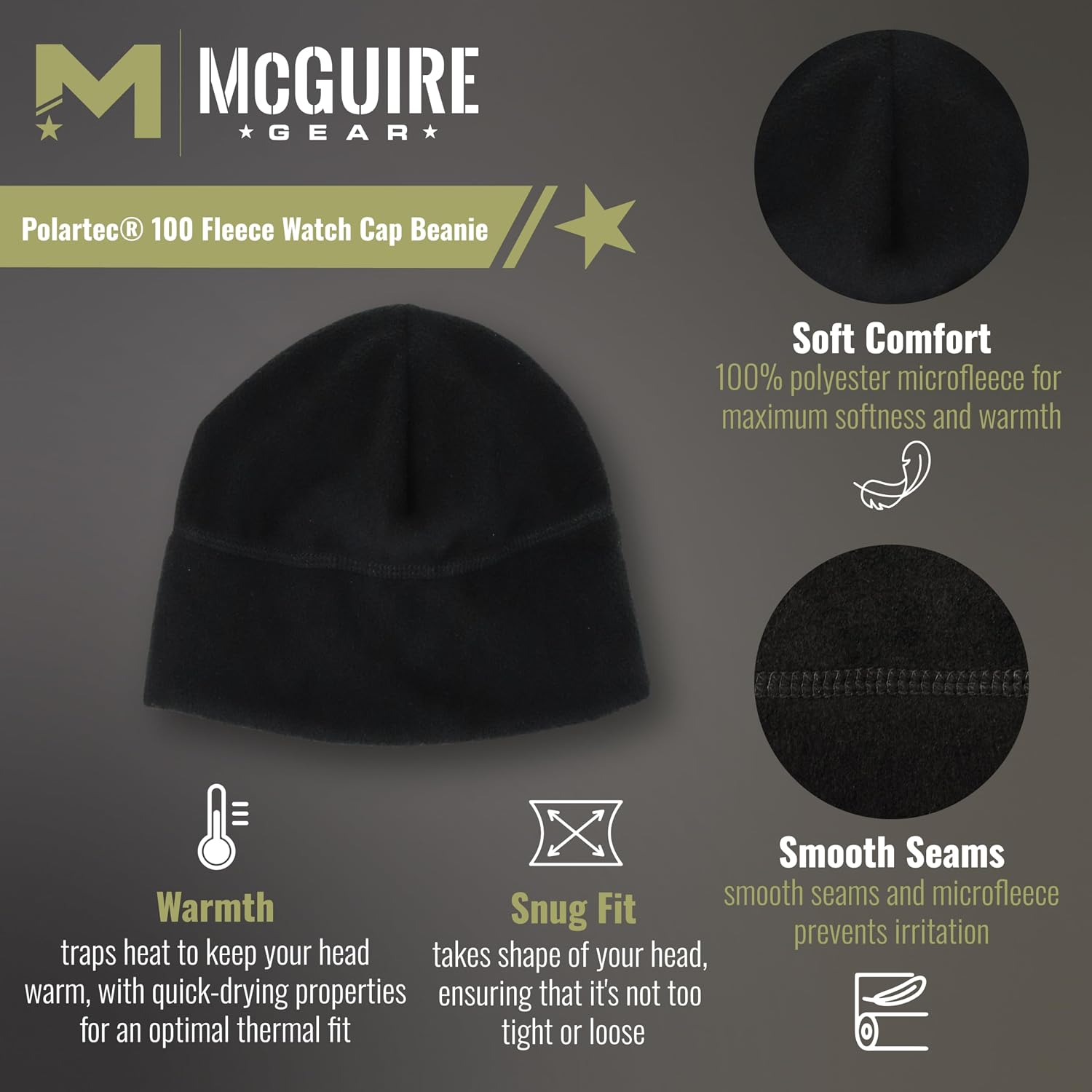 M MCGUIRE GEAR GI Polartec® 100 Fleece Watch Cap Beanie, Lightweight Fitted Cap, Tactical Gear & Warm Winter Hat- Made in USA