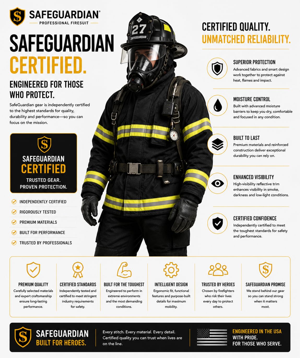 Firefighter Turnout Gear Set, Fire Suit Jacket and Pants with Suspenders Bunker Gear, Khaki or Black Sizes S-5XL