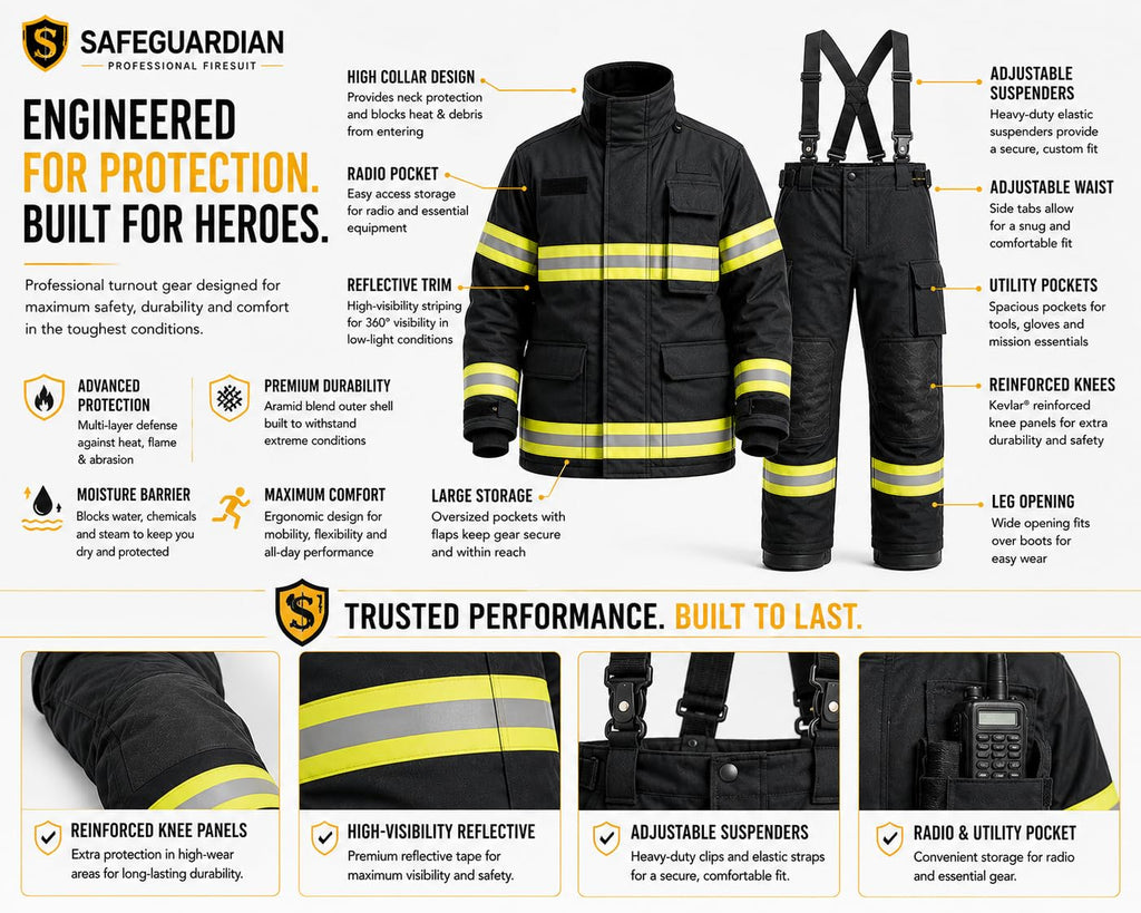 Firefighter Turnout Gear Set, Fire Suit Jacket and Pants with Suspenders Bunker Gear, Khaki or Black Sizes S-5XL