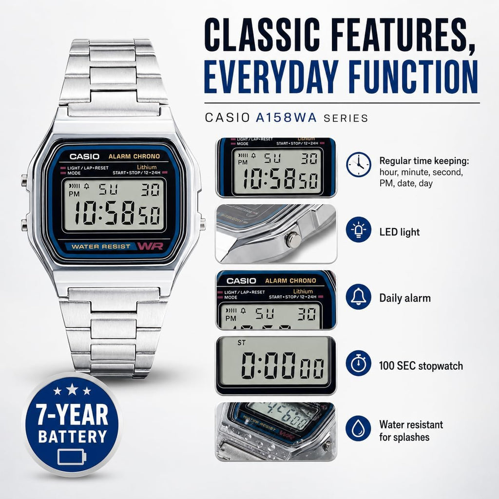 Casio A158WA Series | Unisex Digital Watch | Vintage | WR | 100 SEC Stop Watch | Daily Alarm | Regular Time Keeping: Hour, Minute, Second, PM, Date, Day | Led Light | 7 Yr Battery