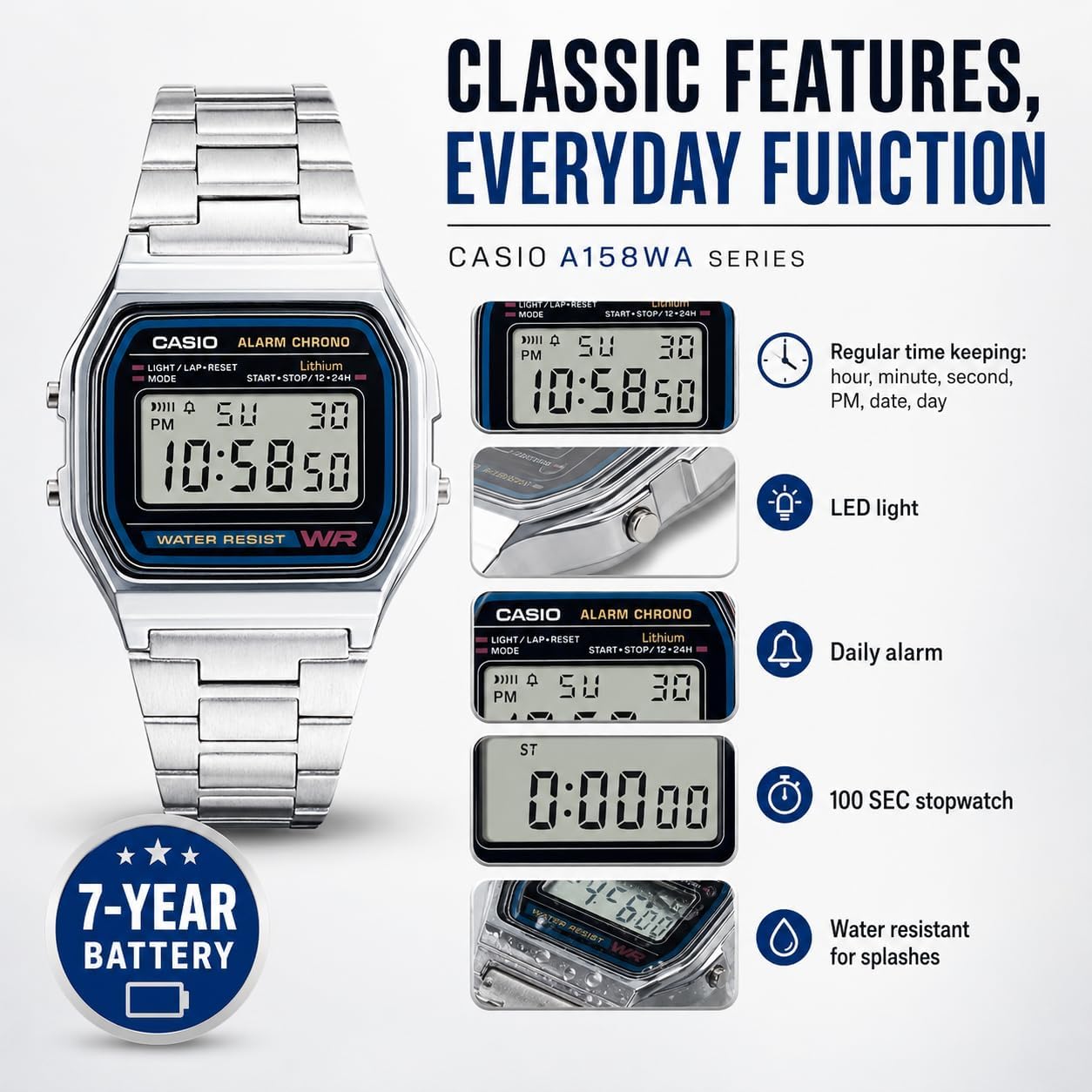Casio A158WA Series | Unisex Digital Watch | Vintage | WR | 100 SEC Stop Watch | Daily Alarm | Regular Time Keeping: Hour, Minute, Second, PM, Date, Day | Led Light | 7 Yr Battery