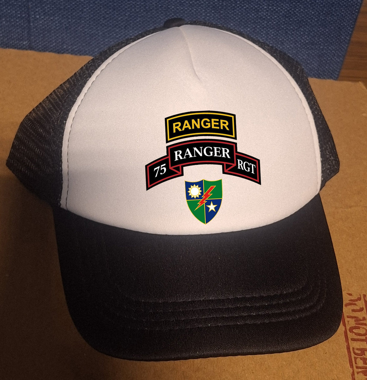 Adjustable Trucker Baseball Hat with Army 75th Ranger Regiment Emblem