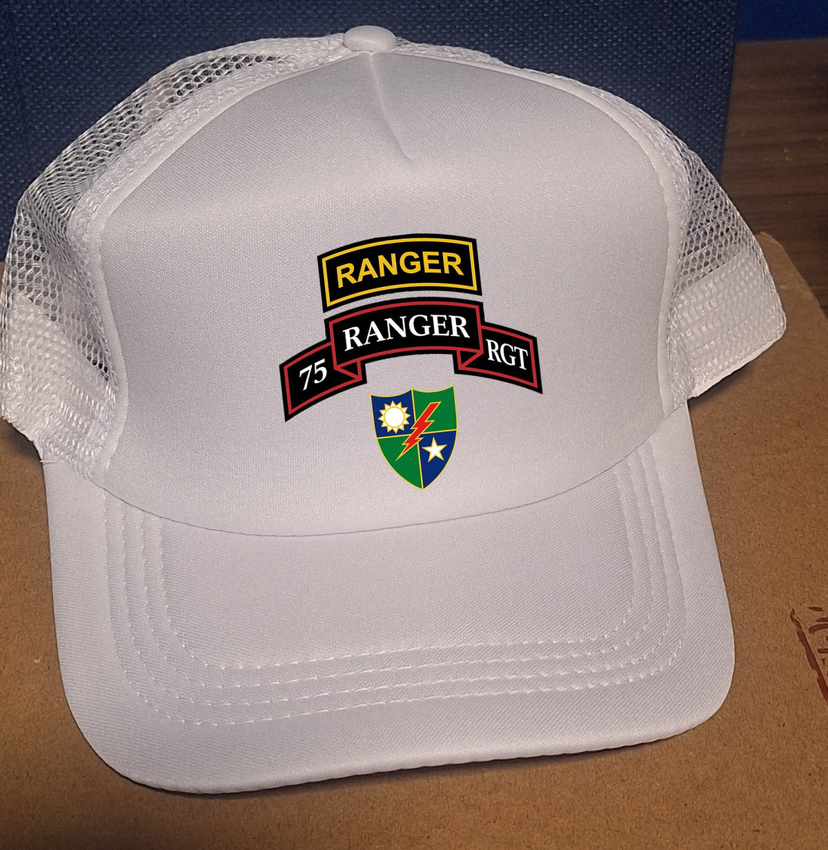 Adjustable Trucker Baseball Hat with Army 75th Ranger Regiment Emblem