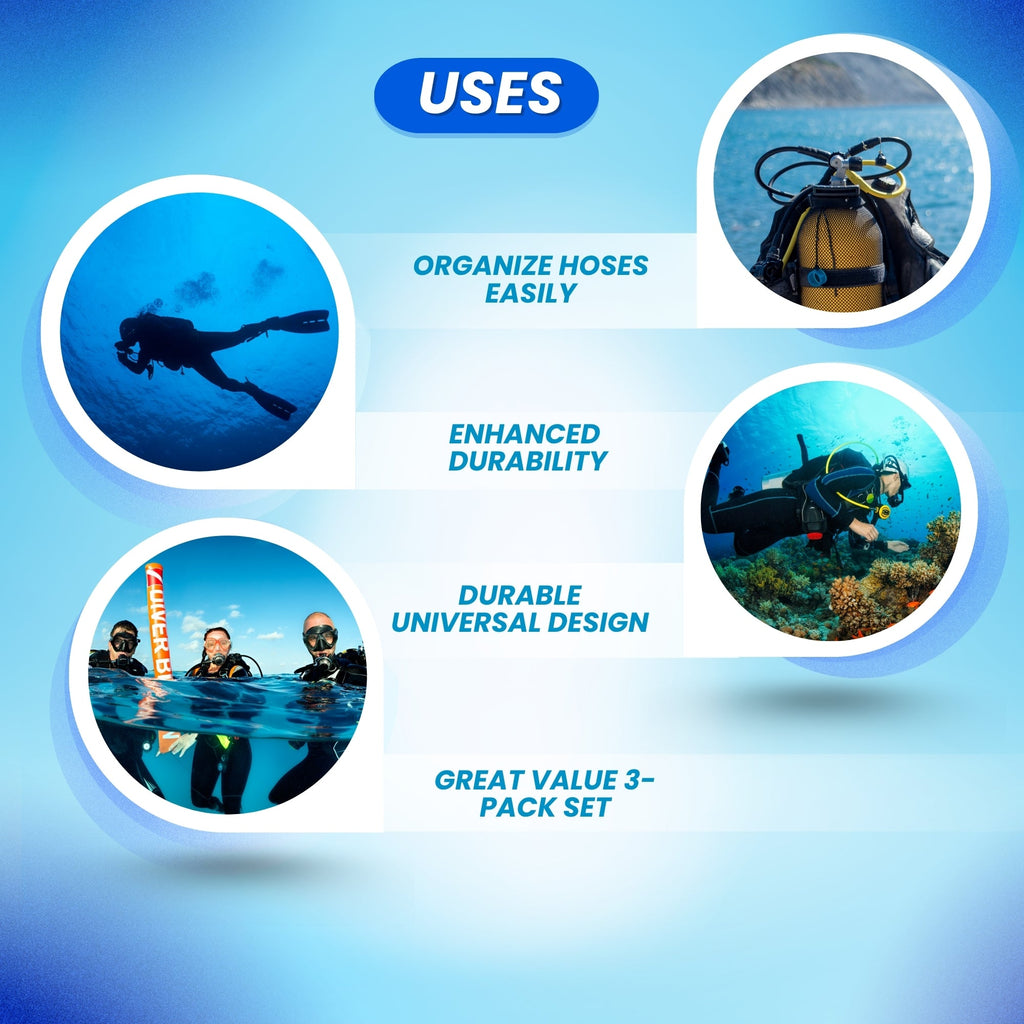 Scuba Choice Scuba Diving Triple Hose Holder Clip (Blue, 3-Pack) – Low & High Pressure Hose Organizer for Regulators & Octopus Setup Durable Dive Accessories