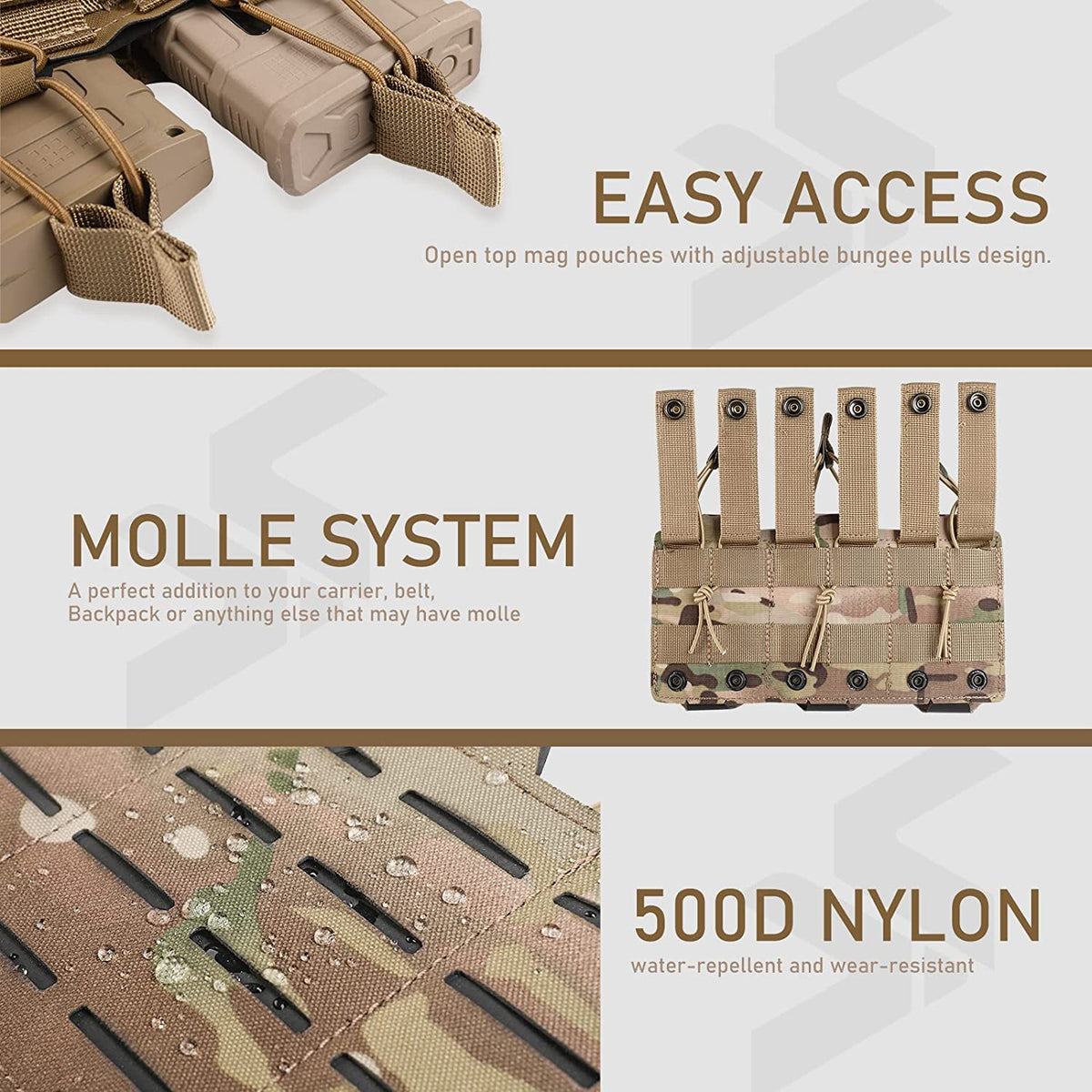 Tactical Molle Mag Pouch, Single Double Triple Nylon 5.56mm 7.62mm Open Top Rifle Magazine Holder for AR-15 M4 M14 M16 G36 HK416