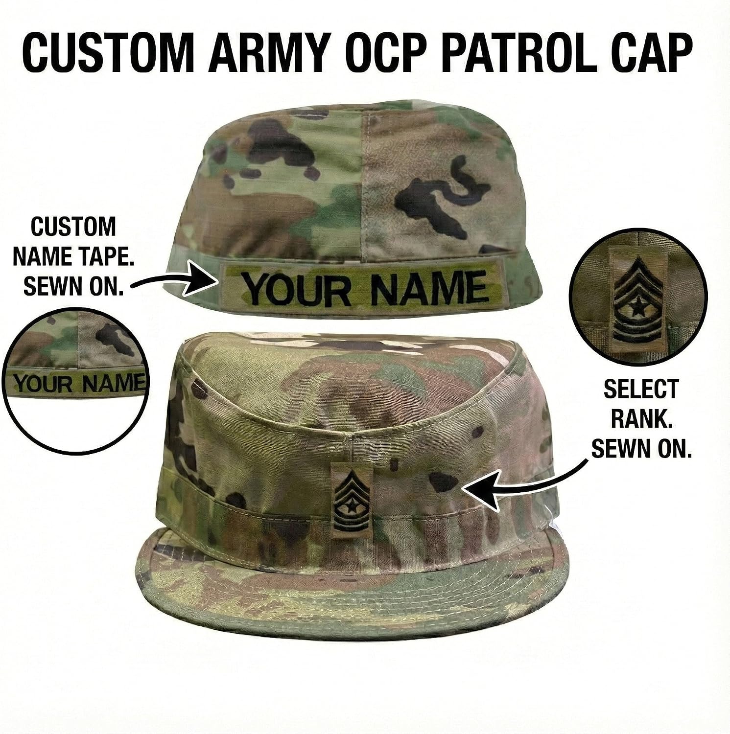 Army Patrol Cap OCP with Sew On Rank and Name Tape USGI