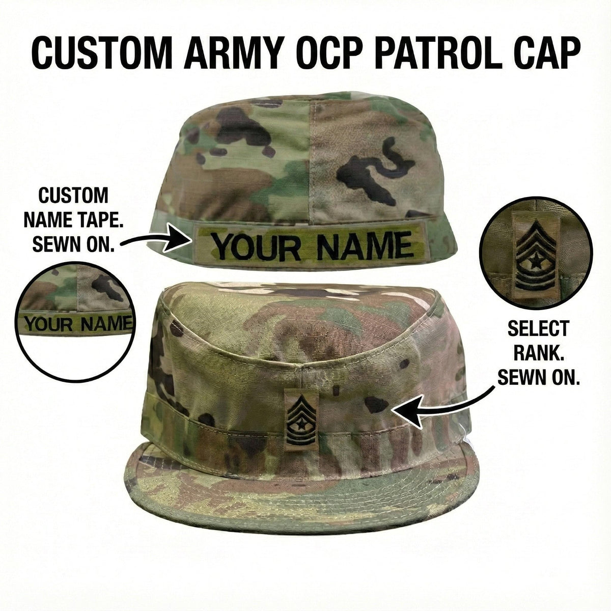 Army Patrol Cap OCP with Sew On Rank and Name Tape USGI