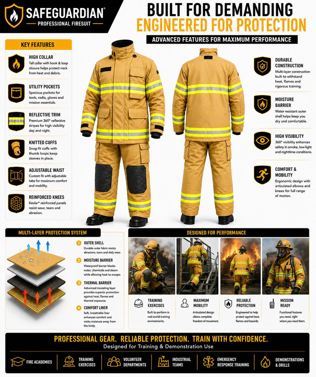Firefighter Turnout Gear Set, Fire Suit Jacket and Pants with Suspenders Bunker Gear, Khaki or Black Sizes S-5XL