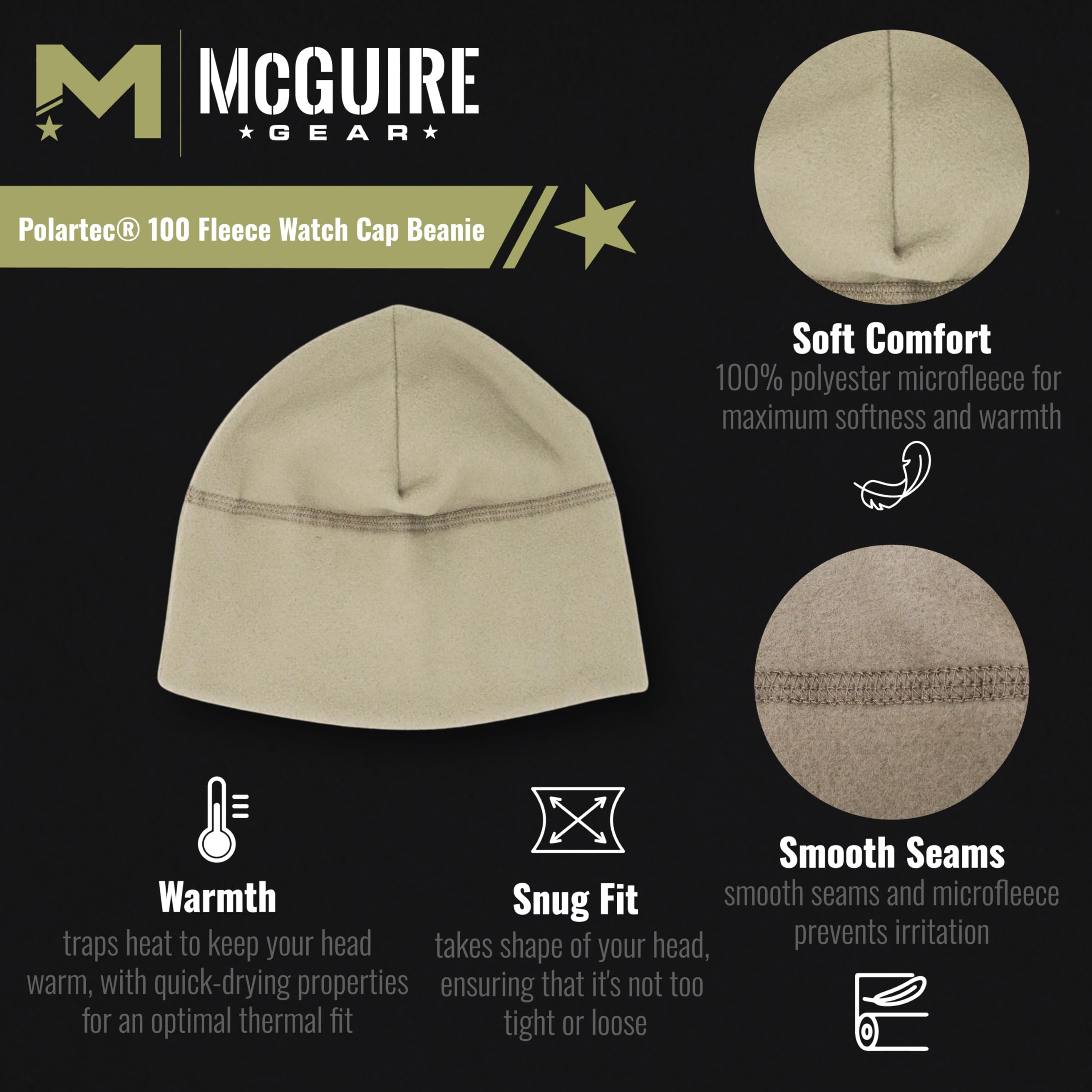 M MCGUIRE GEAR GI Polartec® 100 Fleece Watch Cap Beanie, Lightweight Fitted Cap, Tactical Gear & Warm Winter Hat- Made in USA
