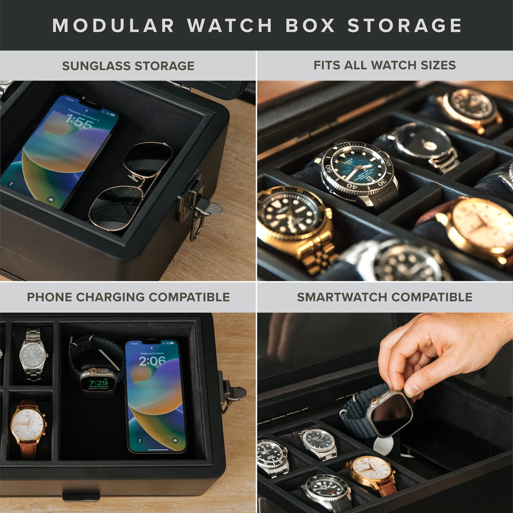 CASE ELEGANCE Military 10-Slot Watch Box with Glass Top