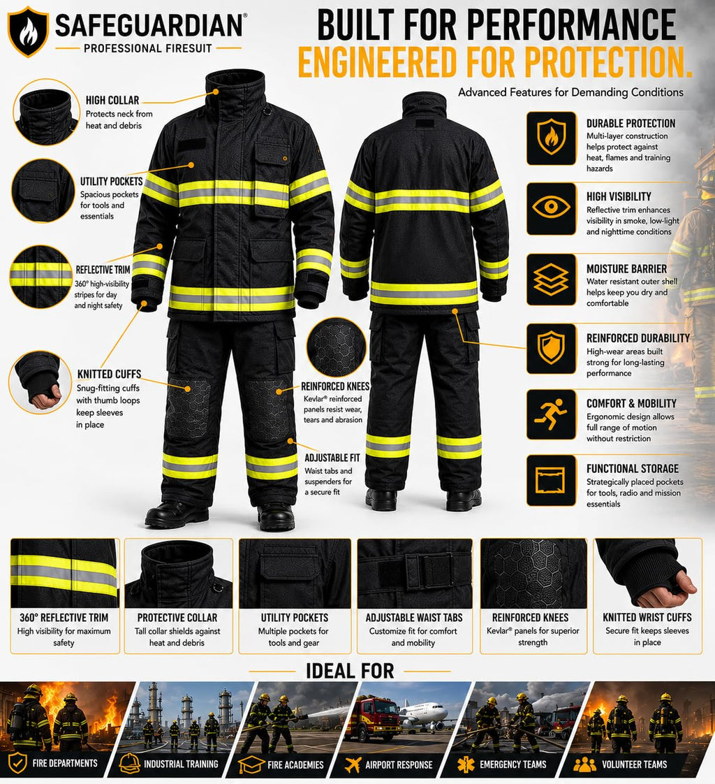 Firefighter Turnout Gear Set, Fire Suit Jacket and Pants with Suspenders Bunker Gear, Khaki or Black Sizes S-5XL