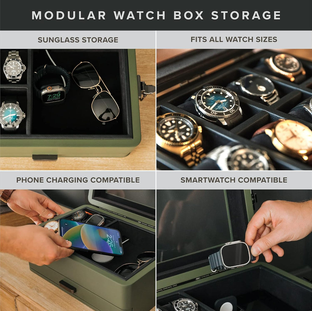CASE ELEGANCE Military 10-Slot Watch Box with Glass Top
