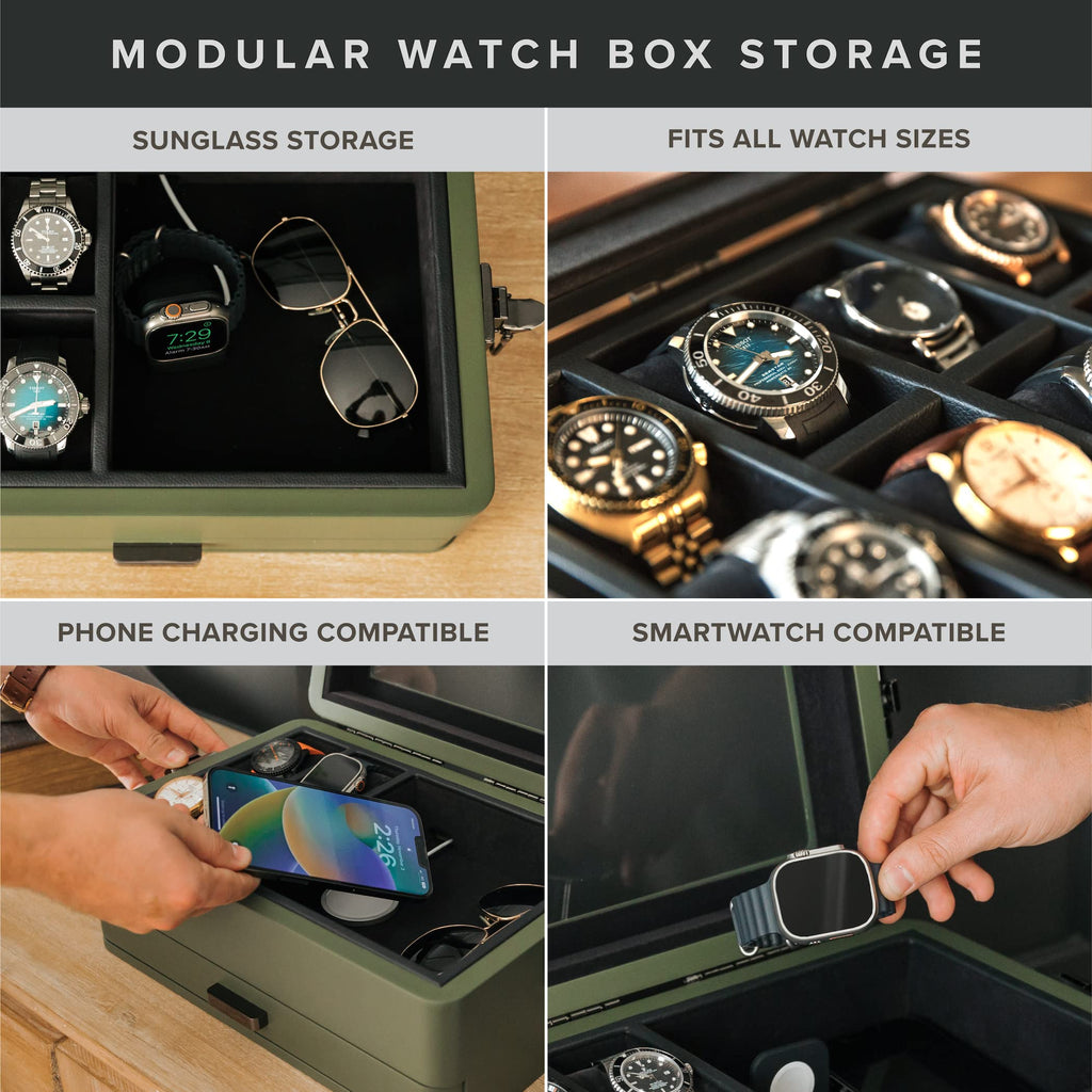 CASE ELEGANCE Military 10-Slot Watch Box with Glass Top